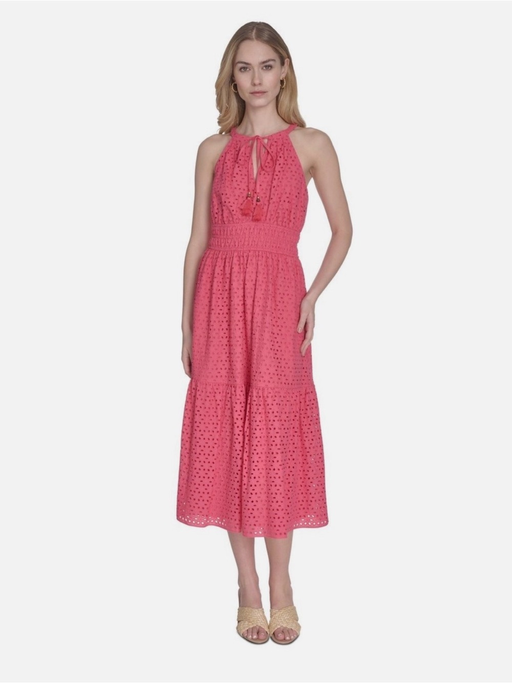 Vince Camuto Eyelet Halter Midi Dress in Coral Pink